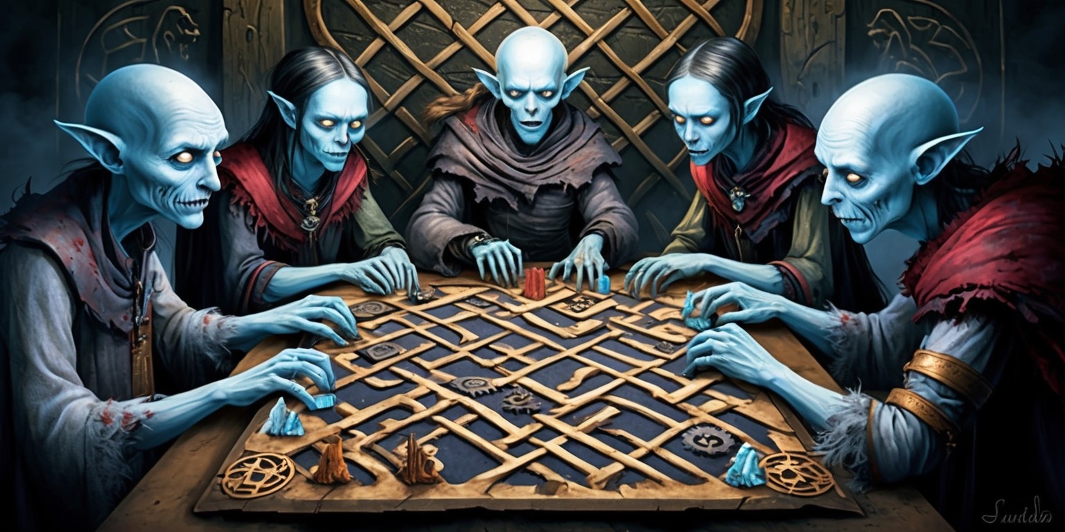 A dimly lit, mysterious illustration of a Sunderfolk game in progress, set against a worn, wooden background with intricate carvings of ancient runes and mystical symbols. The game board, adorned with a lattice pattern of intertwined tendrils, is surrounded by five players, each with unique, gaunt features and sunken eyes, their skin a pale, bluish hue. The players' attire is tattered and worn, with hints of crimson and bronze accents, evoking a sense of forgotten grandeur. One player, with a crooked nose and pointed ears, intently studies the game pieces, which resemble a mix of bones, gears, and gemstones. The atmosphere is heavy with an air of foreboding, as if the fate of the Sunderfolk hangs in the balance.