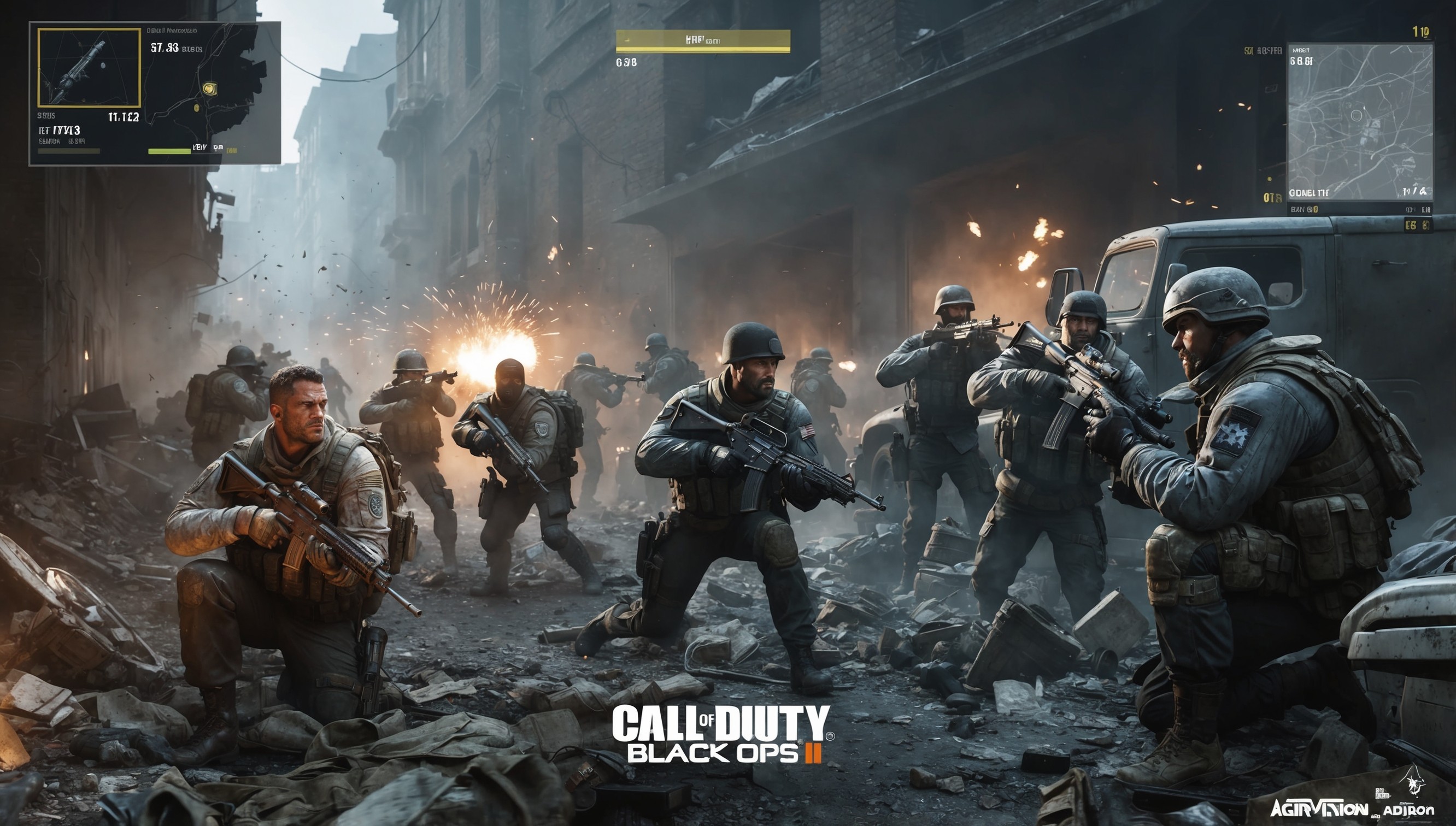 A gritty, high-octane depiction of Call of Duty: Black Ops 6 gameplay, set in a dimly lit, war-torn urban environment, with muted earth tones and flashes of bright gunfire illuminating the dark atmosphere, capturing the intensity of a multiplayer match, featuring a diverse group of soldiers, each with unique facial features, skin tones, and attire, with wearied expressions, immersed in the heat of battle, surrounded by crumbling buildings, debris, and ravaged vehicles, with the game