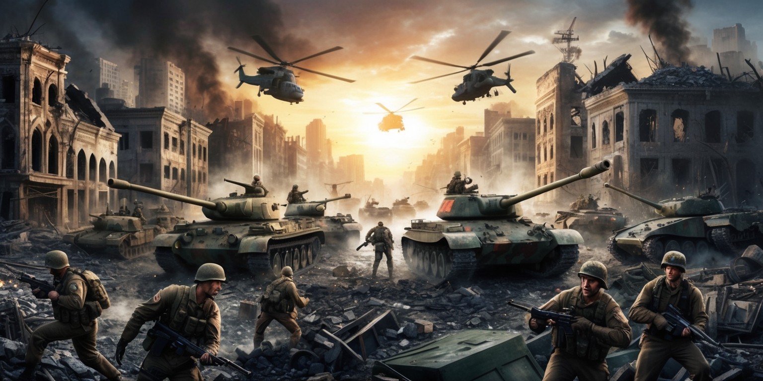 A gritty, realistic, and intense digital illustration of a chaotic battlefield, set in a war-torn cityscape with destroyed buildings, rubble-strewn streets, and abandoned military vehicles in the background, with a blend of sunrise and smoke-filled sky, depicting a dramatic clash between two opposing forces, featuring a mix of soldiers, tanks, and helicopters, with a focus on the emotional intensity of the battle, conveyed through the facial expressions, body language, and poses of the combatants, with bold brushstrokes, vibrant colors, and a cinematic quality, evoking a sense of action, drama, and suspense, showcasing the chaos and devastation of war.