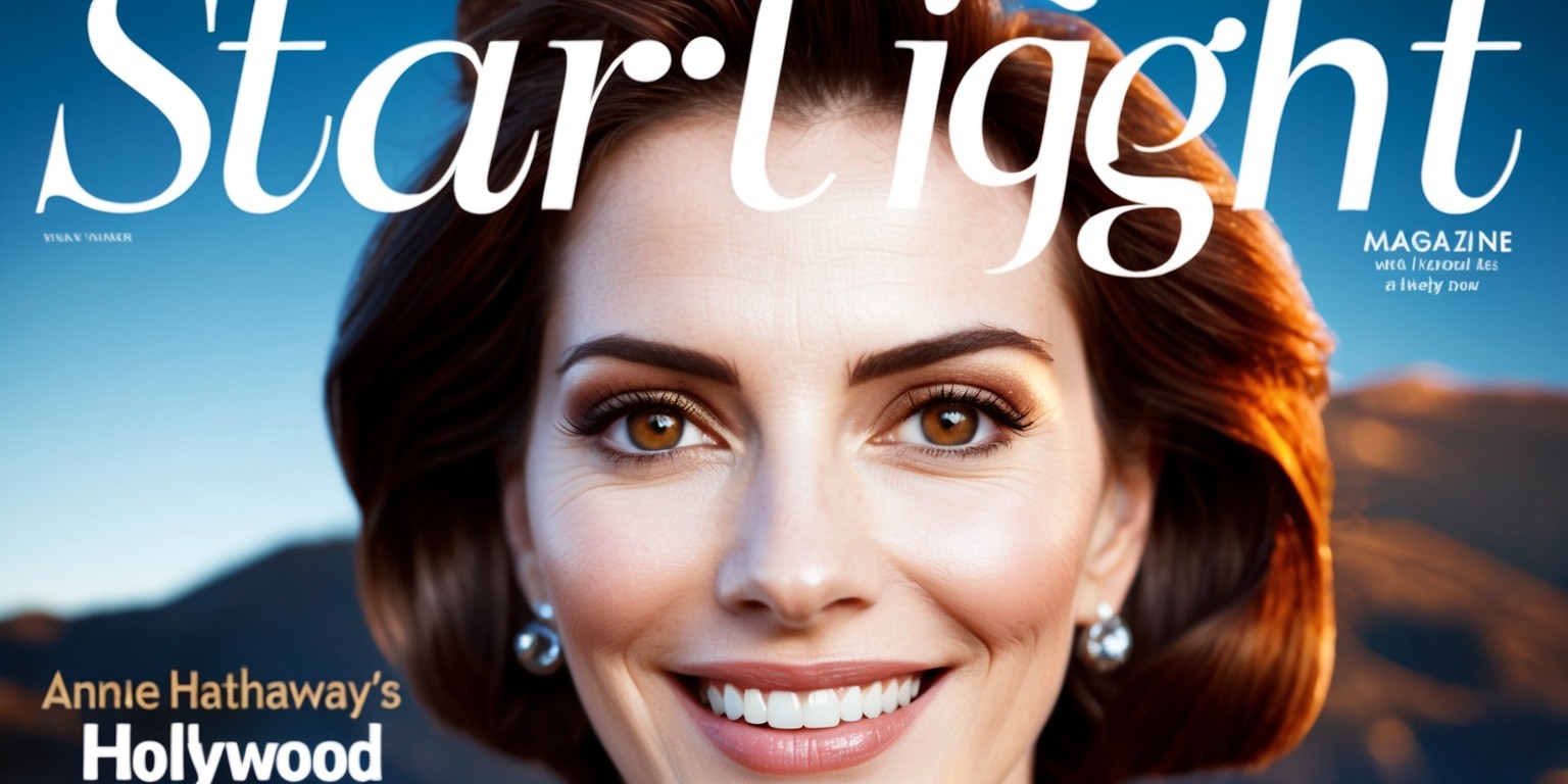 A glamorous, golden-hued magazine cover featuring a prominent, porcelain-skinned Anne Hathaway, her bright, piercing brown eyes gazing directly at the viewer, her rich, dark brown hair styled in luscious, effortless waves, and her signature, bright, beaming smile radiating confidence and sophistication. The background is a warm, gradient blue, evoking the iconic Hollywood hills at sunset, with bold, cursive font declaring Anne Hathaway's Hollywood Journey in shimmering silver, with the title of the magazine, Starlight, emblazoned in smaller, yet equally elegant, modern script at the top.