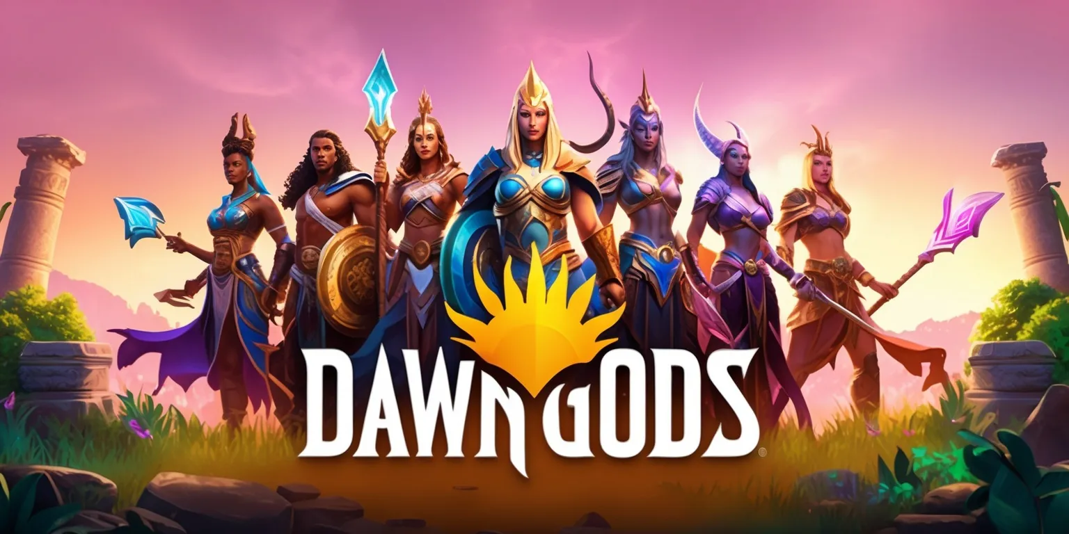 A fantastical digital artwork depicting the Dawn Gods game, set against a warm, gradient sky with hues of pink, orange, and purple, featuring a group of powerful deities with diverse skin tones and unique attributes, standing heroically with mystical weapons and armor, surrounded by lush greenery and ancient ruins, with intricate details and textures, and a sense of dramatic lighting, in a stylized, high-fantasy art style, with bold lines and vibrant colors, and a subtle, shimmering aura effect, conveying a sense of adventure and mythological wonder, with the game's logo, a stylized, golden sunrise emblem, prominently displayed in the center, in a bold, serif font.