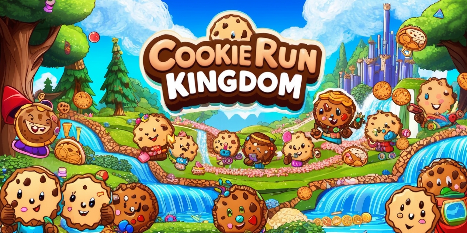 A vibrant and colorful digital illustration of the Cookie Run Kingdom game, featuring a variety of adorable cookie characters with distinct facial features and accessories, set against a beautiful and intricate kingdom backdrop with rolling hills, towering trees, and sparkling waterfalls, with a bright blue sky and fluffy white clouds, and incorporating various game elements such as cookies, treasures, and obstacles, with bold lines, textures, and patterns, and a mix of warm and cool colors, including soft pastels and rich jewel tones, with the cookie characters showcased in a dynamic and playful layout, highlighting their unique personalities and attributes.
