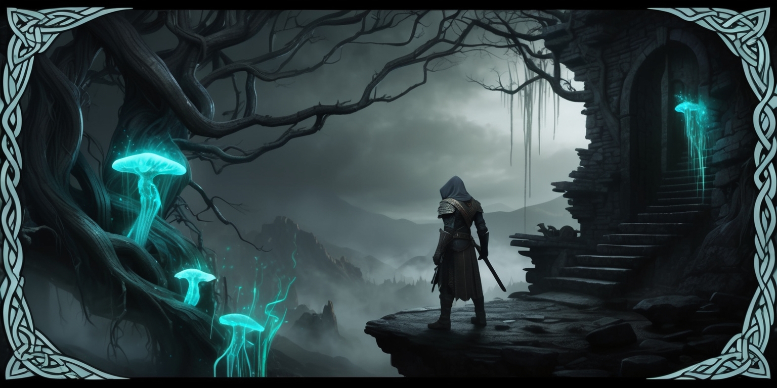 A dramatic digital illustration of a pivotal moment in the Oblivion game mission, set against a dark, ominous backdrop of a mystical, ancient forest, with twisted tree branches and gnarled roots snaking around crumbling stone structures, illuminated by an eerie, flickering blue-green glow emanating from luminescent mushrooms and ethereal wisps of magical energy, as a lone, hooded figure, clad in worn, ornate armor, stands poised at the edge of a precipice, gazing out upon a sprawling, mist-shrouded landscape, with a subtle, intricate Celtic-inspired pattern etched into the borders of the image, evoking the sense of ancient, forgotten lore and long-abandoned secrets waiting to be unearthed.