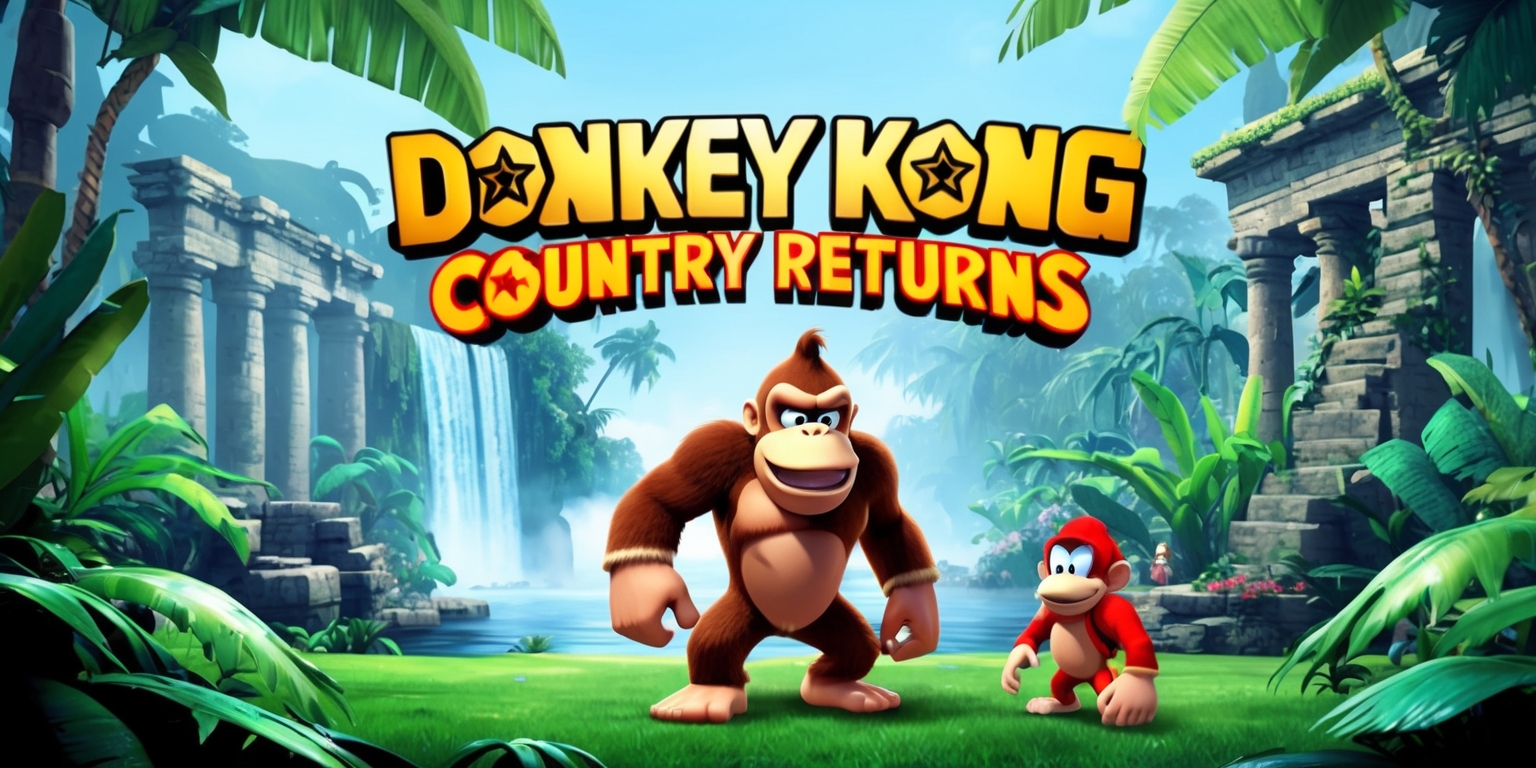 A vibrant, high-definition digital illustration of Donkey Kong Country Returns, showcasing the game's lush jungle environment, with Donkey Kong and his trusty sidekick Diddy Kong standing heroically in the foreground, surrounded by lush green foliage, ancient ruins, and misty waterfalls. The characters' textures and facial expressions are highly detailed, with Donkey Kong's fur appearing soft and fluffy, and Diddy Kong's eyes conveying a sense of determination. The background features a subtle gradient of blues and greens, evoking a sense of depth and atmosphere. The overall style is reminiscent of a modern video game cutscene, with bold lines, vibrant colors, and dynamic lighting effects. The title Donkey Kong Country Returns is emblazoned across the top of the image in bold, golden font, with a sleek, curved design that echoes the game's nostalgic charm.