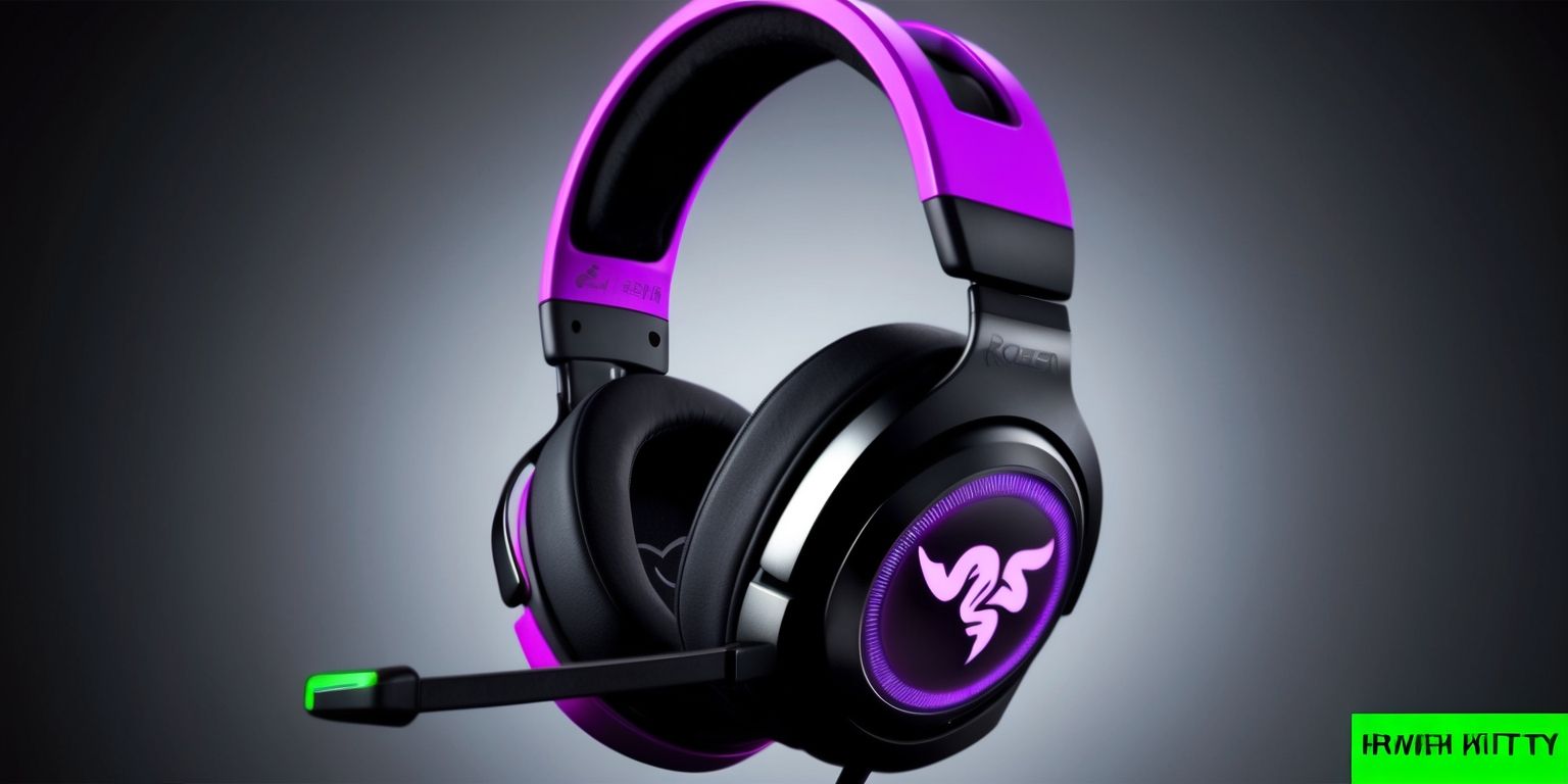 Razer Kraken Kitty V3 Pro headset with vibrant purple cat ear designs and adjustable headband, featuring a sleek black and metallic silver exterior, with a 3D audio-enabled design, retractable microphone, and customizable lighting on the ear cups, set against a dark grey or black background to accentuate its bold aesthetics, with subtle reflections highlighting the headset's premium finish, and a clear view of the Razer logo in a bold, neon-green font on the side of the ear cup.