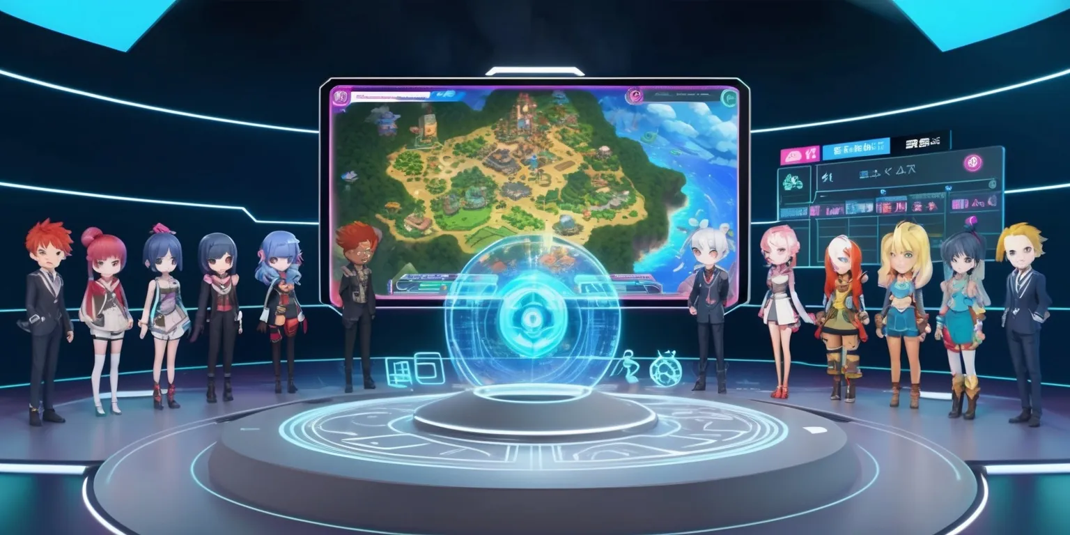 A futuristic anime-style scene depicting a strategy game, with a large digital screen displaying a map of a fantasy world, featuring vibrant colors and intricate details, set against a dark blue background with neon accents, and a group of characters with unique facial features, varied skin colors, and distinctive hairstyles, standing around a holographic interface, each with their own personalized avatar and symbolic accessories, surrounded by sleek lines, minimalist furniture, and subtle lighting effects, with a mix of Japanese and technological elements, and bold, stylized fonts displaying game data and statistics, creating an immersive and dynamic atmosphere.