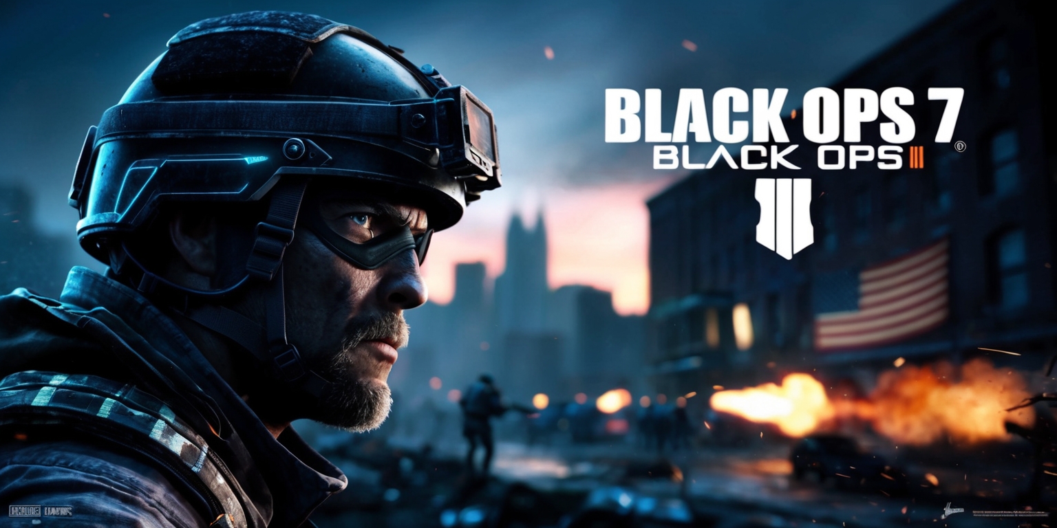 A dark and gritty video game screenshot of Black Ops 7 with a first-person shooter perspective, featuring a soldier with a determined facial expression, wearing a black tactical helmet and night vision goggles, set against a backdrop of a war-torn city at dusk with a faded American flag visible in the distance, the color palette is a mix of dark blues and greys with flashes of orange and red from explosions, the game's logo is emblazoned in bold, silver font at the top of the screen, with a hint of lens flare and motion blur to convey a sense of intense action and chaos.