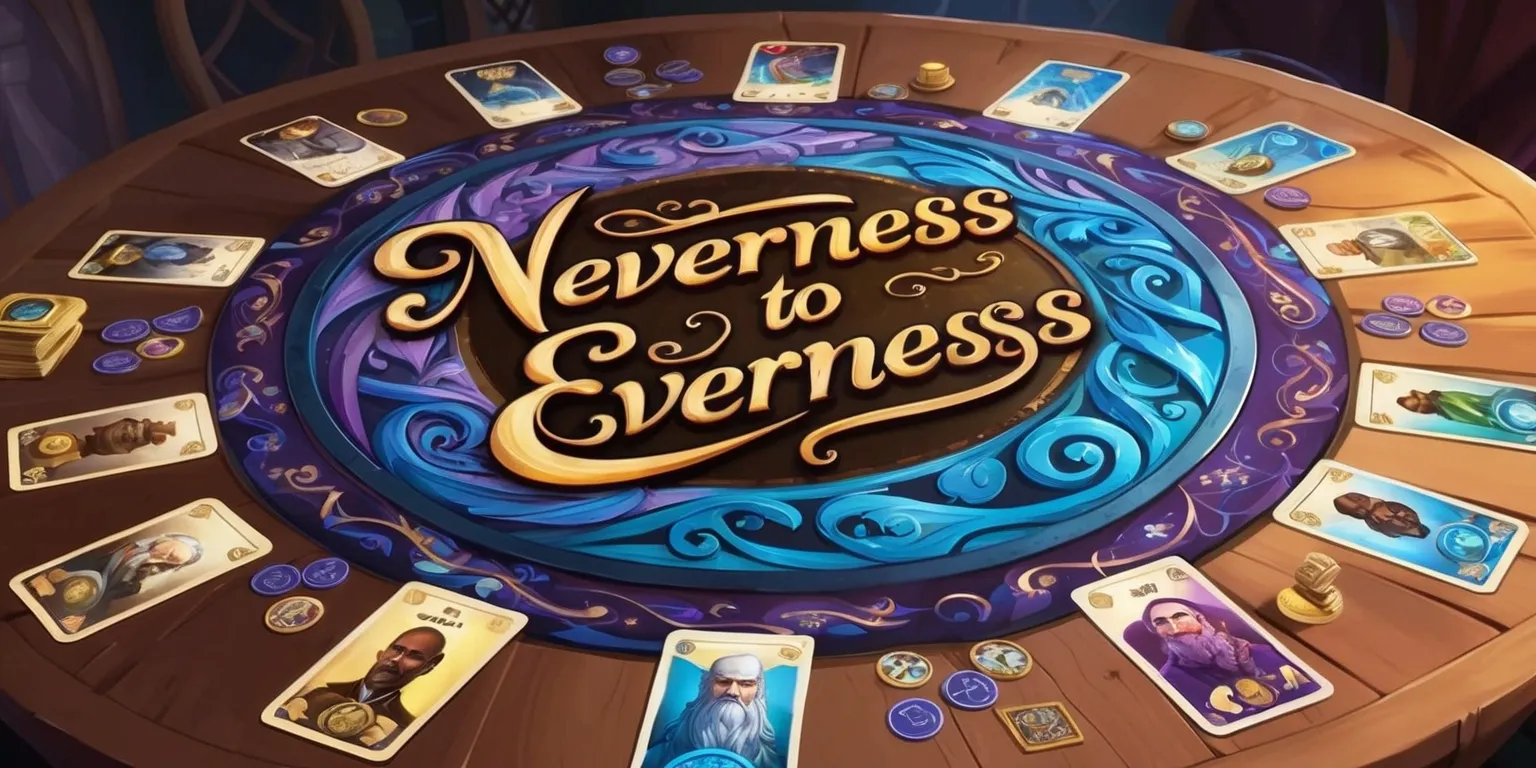 A mystical board game spread out on a wooden table, with the words Neverness to Everness embossed in a elegant, golden, cursive font on the centerpiece of the board, surrounded by intricate, swirling patterns of blue and purple, evoking a sense of adventure and fantasy, the game pieces and cards neatly arranged around the board, with a few character cards showing people of diverse skin colors and unique attributes, such as a wise old man with a long white beard and a young woman with a mischievous grin, the overall atmosphere is one of excitement and anticipation, with warm, soft lighting and a sense of depth and dimensionality to the scene.