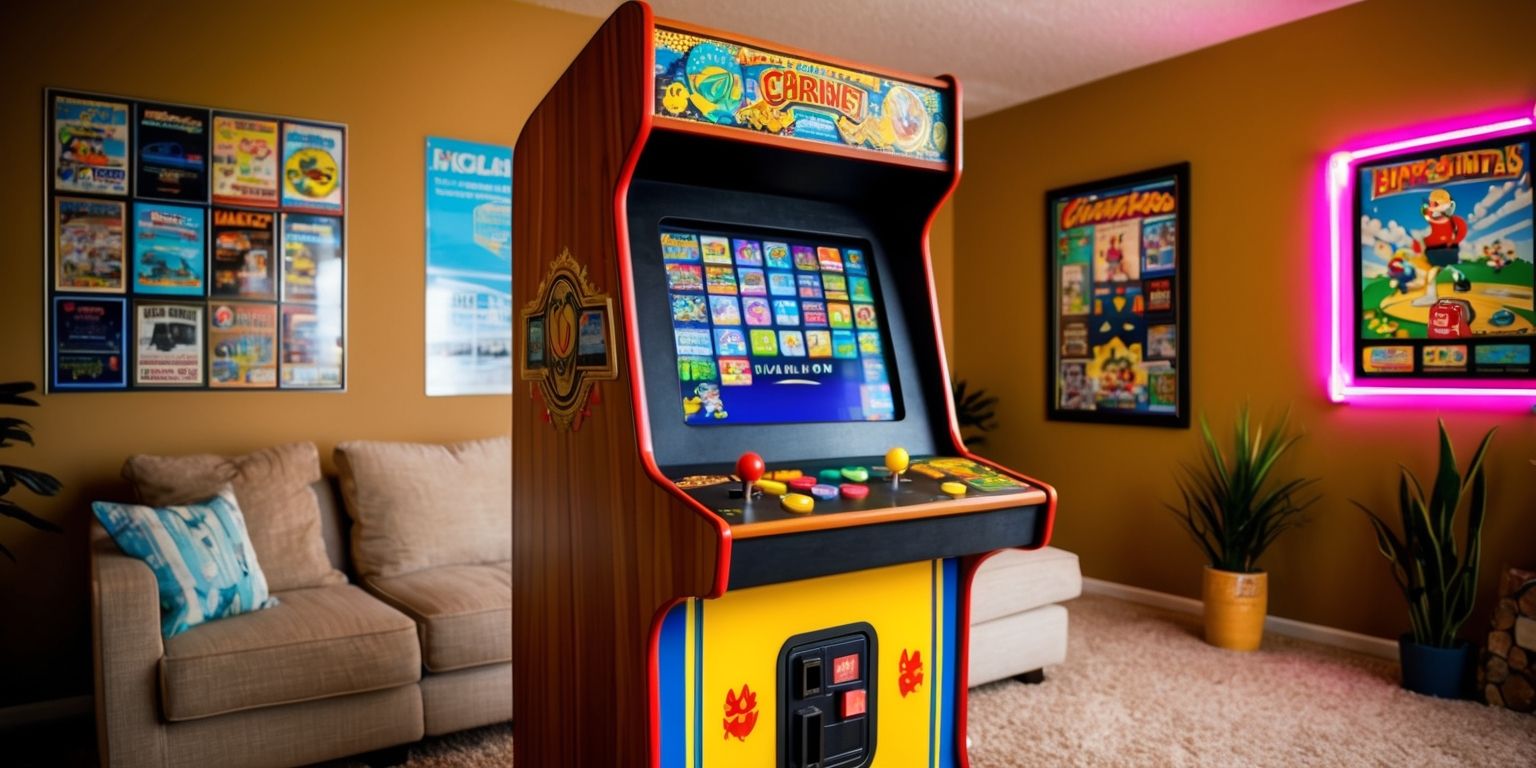 A vintage in-home arcade cabinet with a wooden exterior and vibrant decals, featuring a variety of classic video games on its screen, set against a backdrop of a cozy living room with warm beige walls, soft carpeting, and comfortable seating, the cabinet's control panel adorned with colorful buttons and joysticks, surrounded by nostalgic posters and neon lighting, with a few coins and tokens scattered on the cabinet's shelf, the overall atmosphere evoking a sense of retro gaming nostalgia, the cabinet itself positioned in a corner of the room, with a few potted plants and decorative trinkets nearby, inviting anyone to come and play.