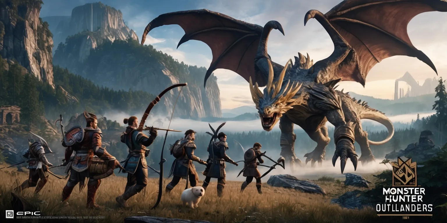 Epic promotional artwork for Monster Hunter Outlanders, depicting a team of rugged monster hunters exploring a vast untamed wilderness filled with towering cliffs, dense forests, misty valleys, and ancient ruins. Show diverse hunters in detailed leather and metal armor, carrying oversized fantasy weapons such as a great sword, bow, lance, and dual blades, accompanied by a small Palico companion. Feature a colossal original wyvern-like monster emerging from the landscape, with expressive eyes, layered scales, powerful claws, horns, and dramatic wings. Use cinematic composition, dynamic action poses, strong environmental depth, warm sunset light, cool blue shadows, atmospheric mist, rich earthy greens and bronze tones, highly detailed 3D game-rendered style, polished mobile game key art, sharp silhouettes, dramatic scale, and a bold adventurous mood. Leave balanced negative space for a clean game title and promotional layout.