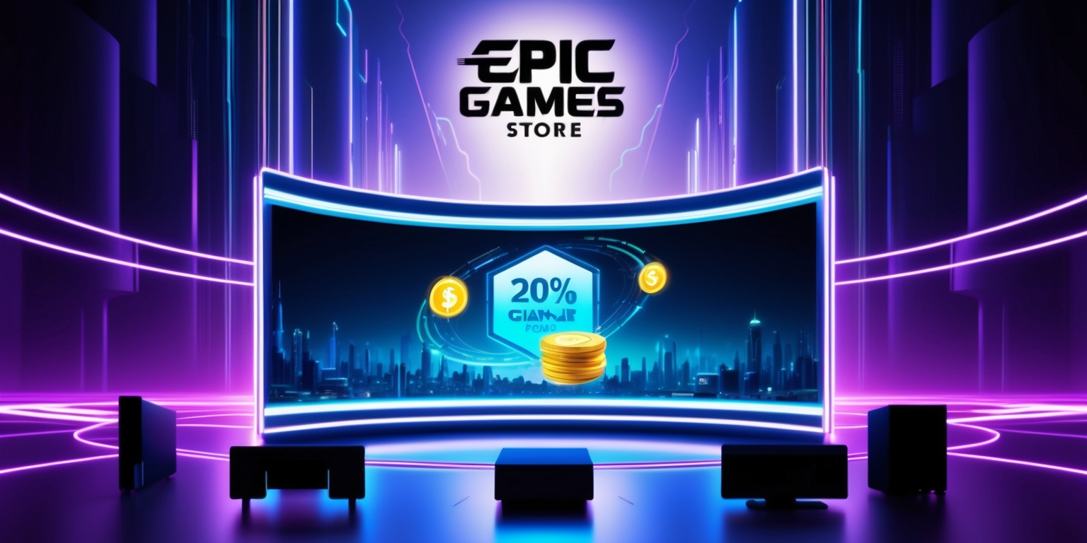 A futuristic, neon-lit digital landscape showcases the Epic Games Store rewards system, with sleek, modernist architecture and glowing lines reminiscent of a sci-fi metropolis. At the center, a large, curved screen displays a stylized, 3D visualization of the 20% cash-back incentive, with digital coins and currency symbols orbiting around it. The background features a blurred, gradient effect transitioning from deep blues to electric purples, evoking a sense of luxury and innovation. In the foreground, a few stylized, abstracted gaming console and PC silhouettes are arranged in a dynamic, asymmetrical composition, hinting at the platform's seamless integration with various devices. The Epic Games Store logo, in a bold, metallic font, is prominently displayed at the top, with subtle, pulsing lights tracing the edges, conveying a sense of energy and excitement. The overall aesthetic is vibrant, dynamic, and high-tech, capturing the essence of Epic Games' forward-thinking approach to digital transactions and rewards.