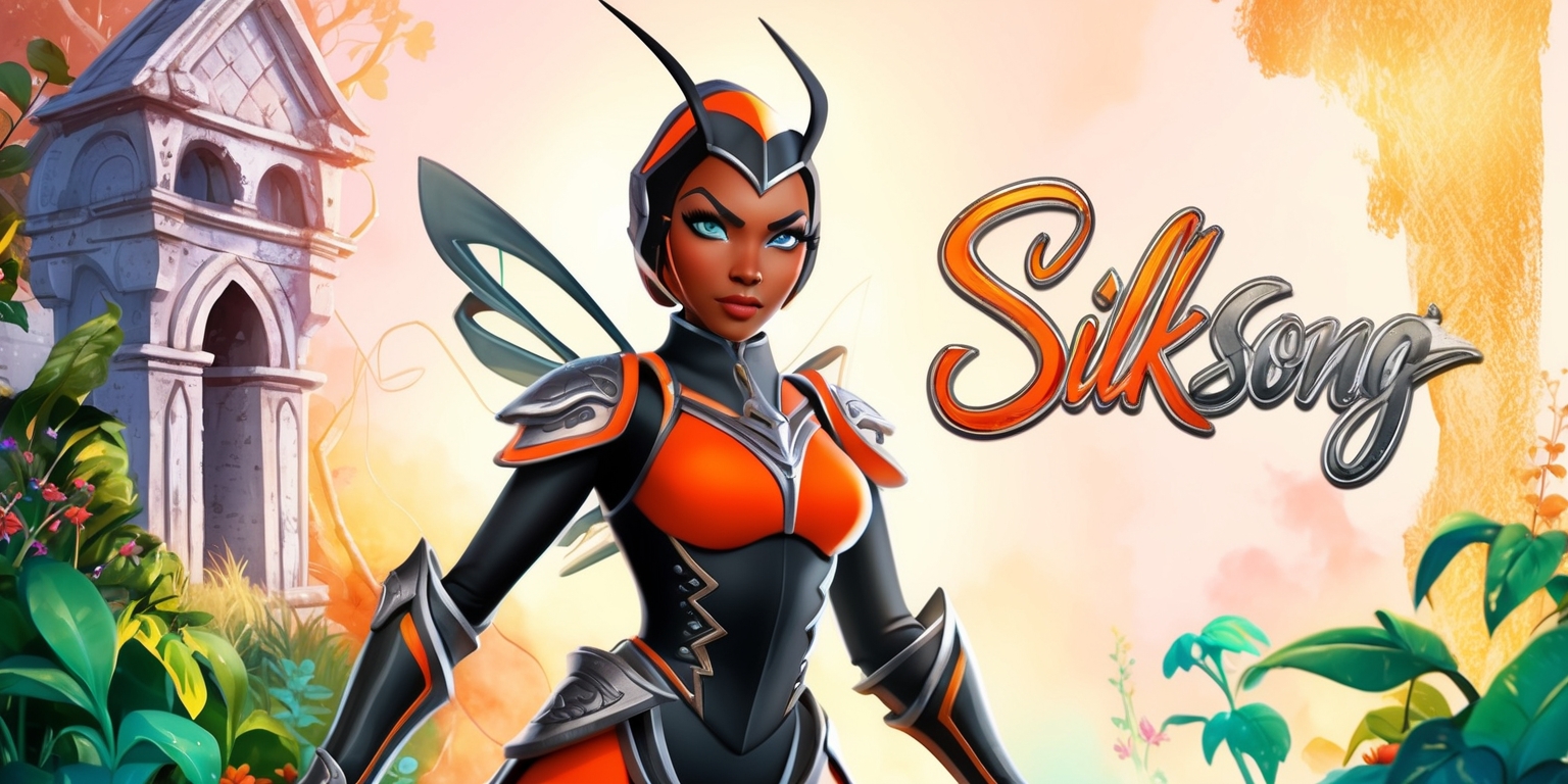 A vibrant and whimsical illustration depicting a scene from the Silksong game, with a stunning Hornet character standing centrally, surrounded by lush vegetation and ancient hollow knight architecture, her facial features defined by a determined expression and striking blue eyes, wearing a sleek black and orange costume adorned with intricate silver accents, set against a warm and colorful background with soft golden lighting, incorporating delicate watercolor textures and subtle fantasy elements, with the game's logo subtly integrated in a bold, cursive font with silver and orange hues, blending seamlessly into the dreamy atmosphere of the scene.