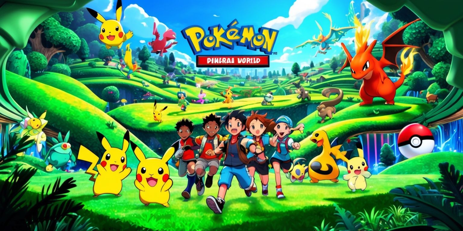 A vibrant digital artwork portraying the fantasy world of Pokopia, with lush green forests, rolling hills, and a bright blue sky, featuring various Pokémon roaming freely, including a few iconic creatures like Pikachu and Charizard, all set against a stylized backdrop with a mix of 2D and 3D elements, incorporating bold lines, textures, and colors, with a dynamic layout that draws the viewer's eye to the center of the scene, where a group of young adventurers with diverse skin tones and unique facial features are gathered, excitedly exploring the wonders of Pokopia, surrounded by intricate details and subtle lighting effects that bring the game to life.