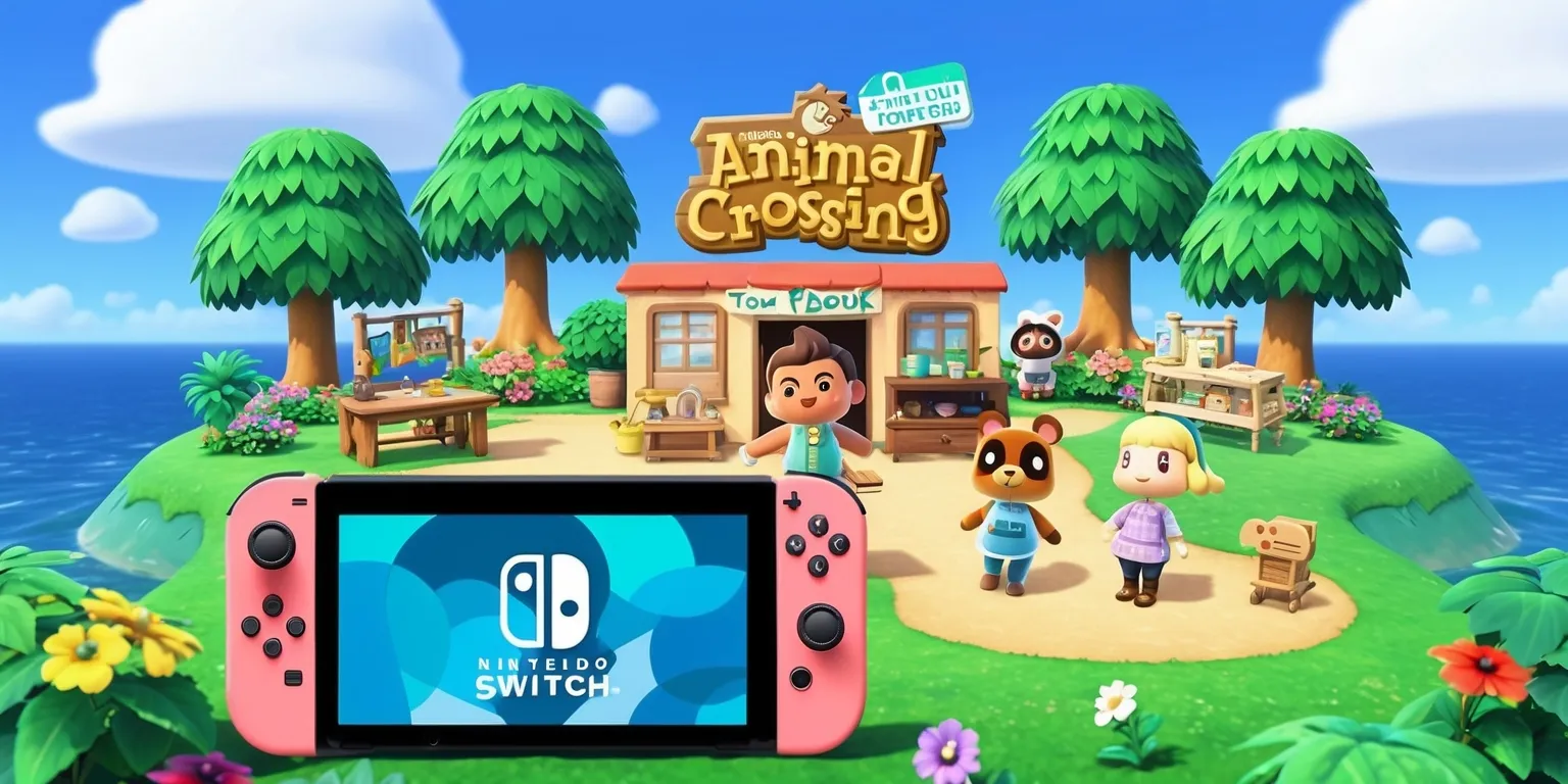 A serene and vibrant digital illustration of the Animal Crossing: New Horizons game, set on a picturesque island with lush green trees, colorful flowers, and a clear blue sky with a few puffy white clouds, featuring Tom Nook standing in front of his store, with a warm and welcoming smile on his face, and a few island residents including Isabelle and K.K. Slider, surrounded by furniture and decorations, with a Nintendo Switch console in the foreground, displaying the game's interface with a mix of pastel and bright colors, and a few icons and logos including the game's logo and the Nintendo logo, all carefully arranged to showcase the game's charm and personality.