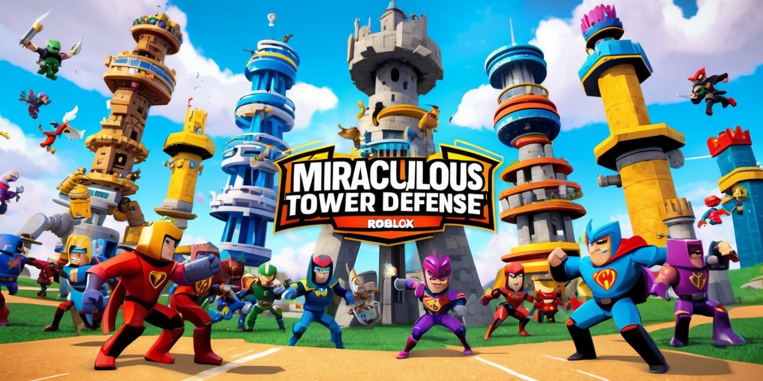 A vibrant and detailed digital illustration of the Miraculous Tower Defense Roblox game, featuring a variety of colorful towers and defenders from the Miraculous series, set against a bright and lively background with a mix of blue skies and fluffy white clouds, the towers and characters are designed in a playful and cartoonish style with bold lines and textures, the defenders are depicted with determined facial expressions and vibrant superhero costumes, the overall scene is action-packed with enemies approaching and the defenders preparing to defend their tower, the image is filled with dynamic movement and energy, with a focus on showcasing the exciting gameplay and characters of the Miraculous Tower Defense Roblox game.