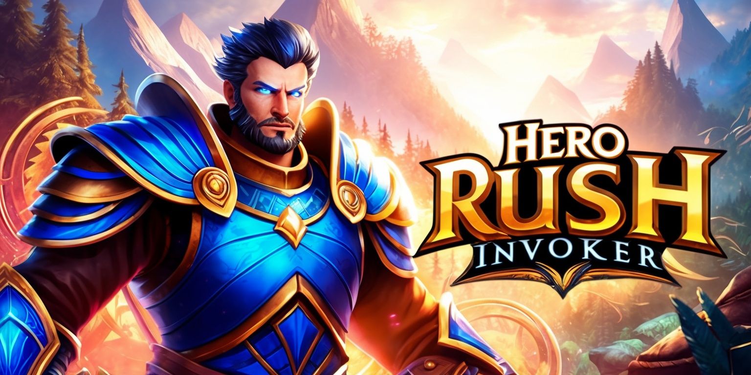 Hero Rush: Invoker game, a vivid digital illustration of a fantasy setting with a brave invoker hero prominently displayed, wearing intricate armor with radiant blue and gold accents, set against a richly detailed background of mystical mountains and ancient forests, with a warm color palette and dynamic lighting, the hero's facial features defined by a strong jawline and piercing blue eyes, with a confident expression, surrounded by magical elements and subtle textures, the game's title in bold, golden font with a stylized, curved shape, blending seamlessly into the scene.