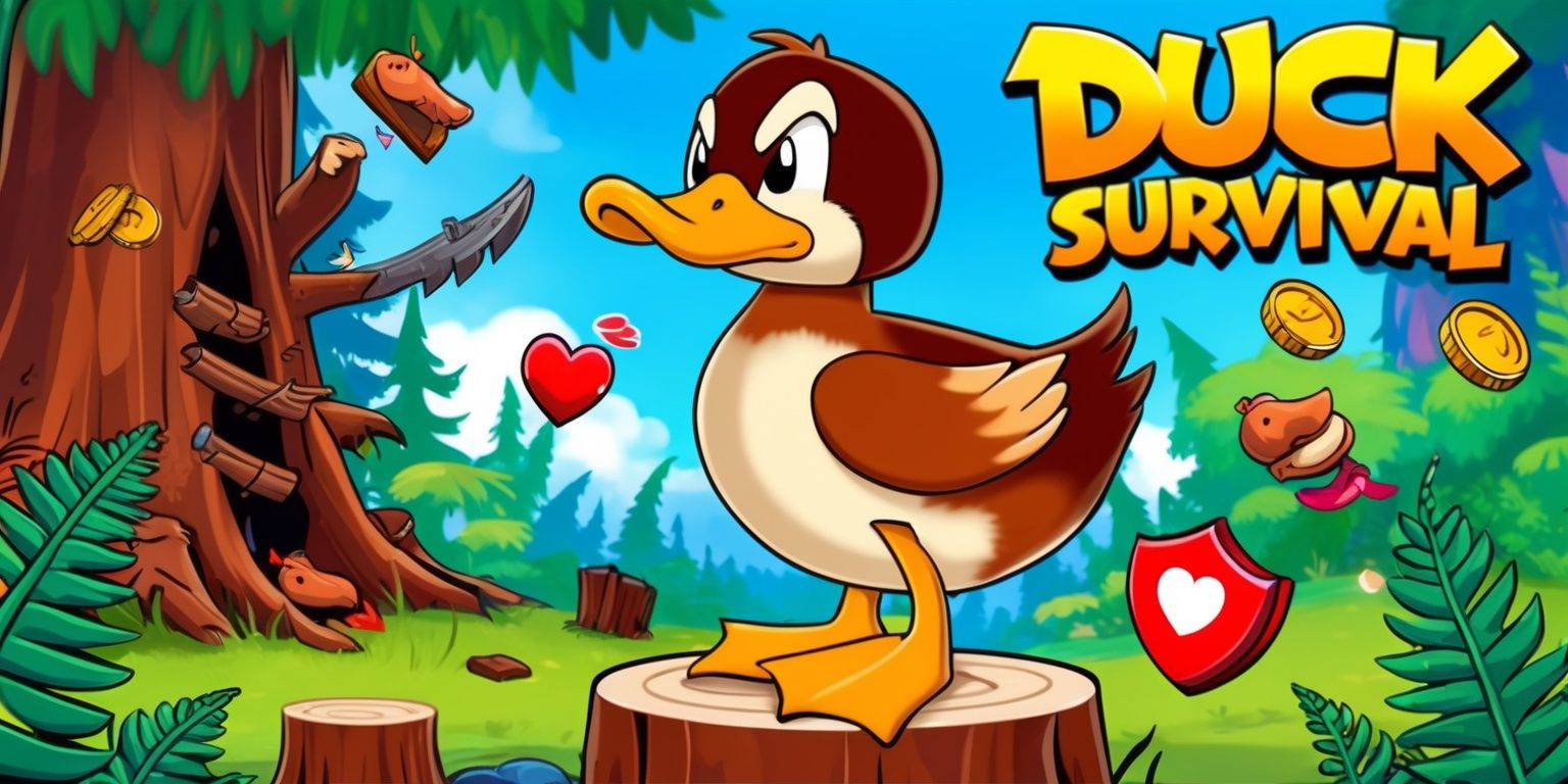 A colorful digital illustration of a duck survival game scene, set in a vibrant and dangerous forest, with a lone duck as the main character, having brown feathers, a yellow beak, and webbed feet, navigating through obstacles, avoiding predators, and collecting power-ups, such as coins, hearts, and shields, with a bright blue sky in the background, and lush green trees, ferns, and other foliage, the duck is standing on a tree stump, looking determined, with a serious expression on its face, the game's logo, a stylized font with the words Duck Survival, is displayed prominently at the top of the image, in bold, golden letters, with a subtle gradient effect.
