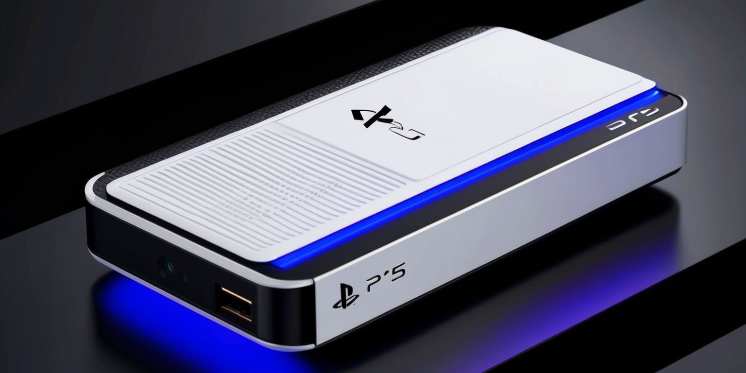 A sleek and modern external hard drive with a bold PS5 themed design, featuring a predominantly white and blue color scheme, with subtle accents of black and silver, the hard drive's casing is shaped like a miniature PS5 console, complete with intricate details and textured surfaces, a bright blue LED light strip runs along the bottom edge, and the PS5 logo is emblazoned on the top surface in a metallic silver font, the overall aesthetic is futuristic and high-tech, with clean lines and a compact layout, the hard drive is positioned on a sleek black background, with a slight gradient effect to give it a sense of depth and dimensionality.