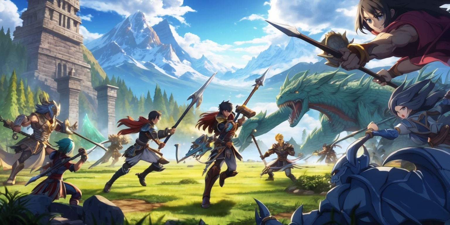 In the Realm of Titans game, a vibrant anime-inspired landscape unfolds with majestic mountains, lush forests, and ancient ruins, where players embark on perilous quests, mastering extraordinary skills and wielding powerful Thunder Spears to vanquish colossal titanic creatures, with intricate character designs, dynamic facial expressions, and diverse skin tones, set against a backdrop of richly detailed environments, blending fantasy and adventure elements, with bold lines, striking colors, and dramatic lighting, as heroic warriors clash with gigantic foes in epic battles.