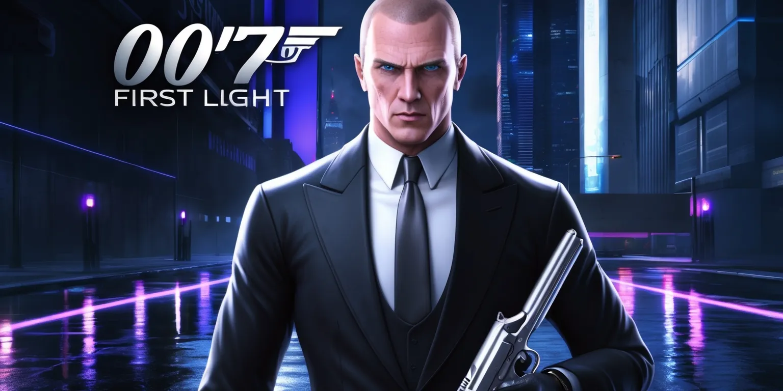 A highly detailed digital illustration of the main character from the 007 First Light game, set against a dark and gritty urban backdrop with sleek skyscrapers and neon lights reflecting off wet pavement, the character is dressed in a tailored black tuxedo with a silver tie and a serious expression on his face, his skin is fair with sharp jawline and piercing blue eyes, he is holding a sleek silver gun in his right hand, the overall style is reminiscent of a high-octane action movie poster with bold typography and vibrant colors, the title 007 First Light is emblazoned across the top in bold silver letters with a subtle gradient effect, the background is a deep shade of blue with hints of purple and gray, the character is positioned in the center of the frame with a shallow depth of field, blurring the background and emphasizing the subject.