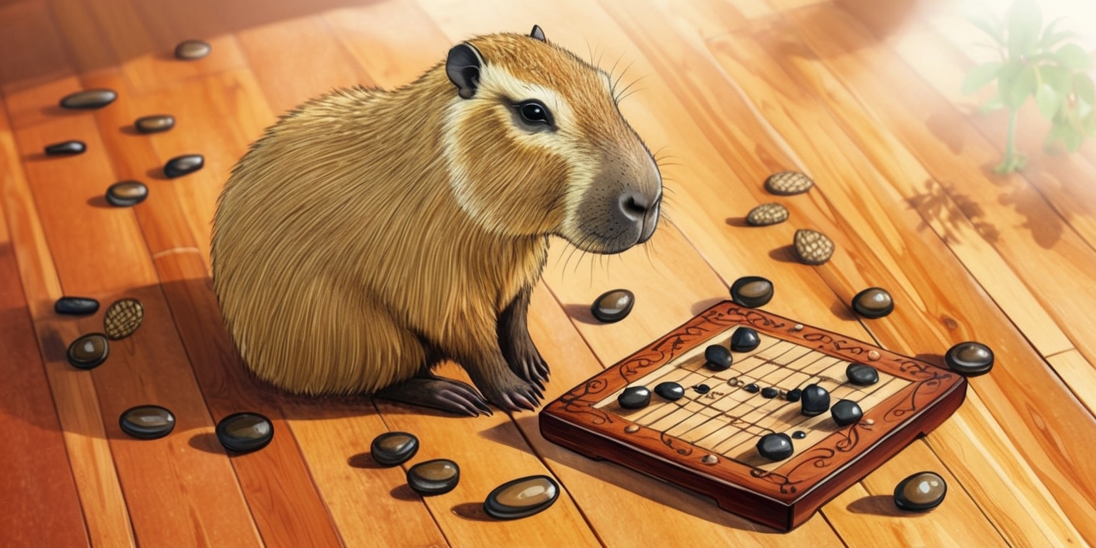 A whimsical illustration of a capybara sitting on a wooden floor surrounded by scattered GO game pieces, with a few stones strategically placed on a handmade wooden GO board in front of it, the capybara's gentle eyes fixed intently on the game, its soft fur a warm beige color, the wooden floor and board richly toned with a warm honey color, the GO pieces ornate with intricate etchings, the atmosphere peaceful and contemplative, with subtle hints of natural lighting.