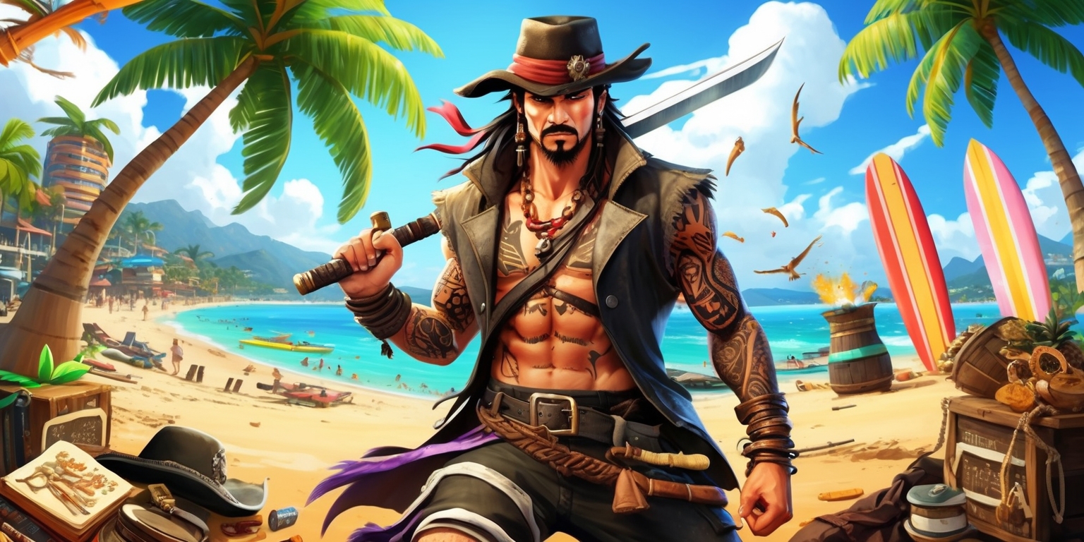 A vibrant, action-packed illustration featuring the main character from Like a Dragon: Pirate Yakuza in Hawaii game, set against a warm, sunny Hawaiian backdrop with swaying palm trees, colorful surfboards, and a vibrant beachside cityscape. The protagonist, a rugged, rough-around-the-edges pirate with a strong jawline and piercing brown eyes, sports a fedora, a worn leather jacket, and a multitude of tattoos on his arms and torso, boasting a confident, fearless stance. He holds a gleaming katana in one hand and a cigar in the other, surrounded by scattered pirate gear, ancient treasures, and Yakuza symbols. The atmosphere is lively, with hints of adventure, danger, and humor, blending traditional Japanese and Hawaiian cultures. The visual style is reminiscent of a dynamic, stylized anime, with bold lines, vivid colors, and intricate details. The overall mood is energetic, playful, and rebellious, capturing the essence of the game's unique blend of piracy, Yakuza action, and tropical paradise.