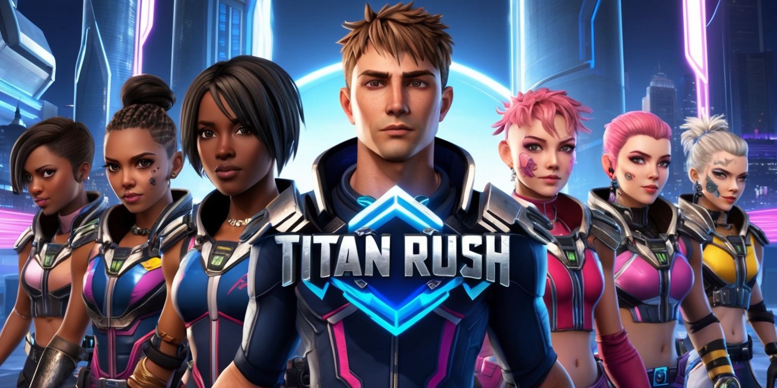 Titan Rush game scene with a futuristic cityscape in the background, featuring sleek skyscrapers and neon lights, and in the foreground, a group of players with diverse facial features and skin colors, such as a woman with dark brown skin and short black hair, a man with light brown skin and messy blond hair, and another with pale skin and bright pink hair, all with unique attributes like tattoos, piercings, or futuristic gadgets, the players are dressed in vibrant, high-tech outfits with metallic accents, bold colors and dynamic shapes, with a prominent display of the game's logo, a stylized, silver font with sharp edges and a bold, blue glow effect, the overall aesthetic is fast-paced, energetic, and immersive, with a focus on action, adventure, and thrilling gameplay.