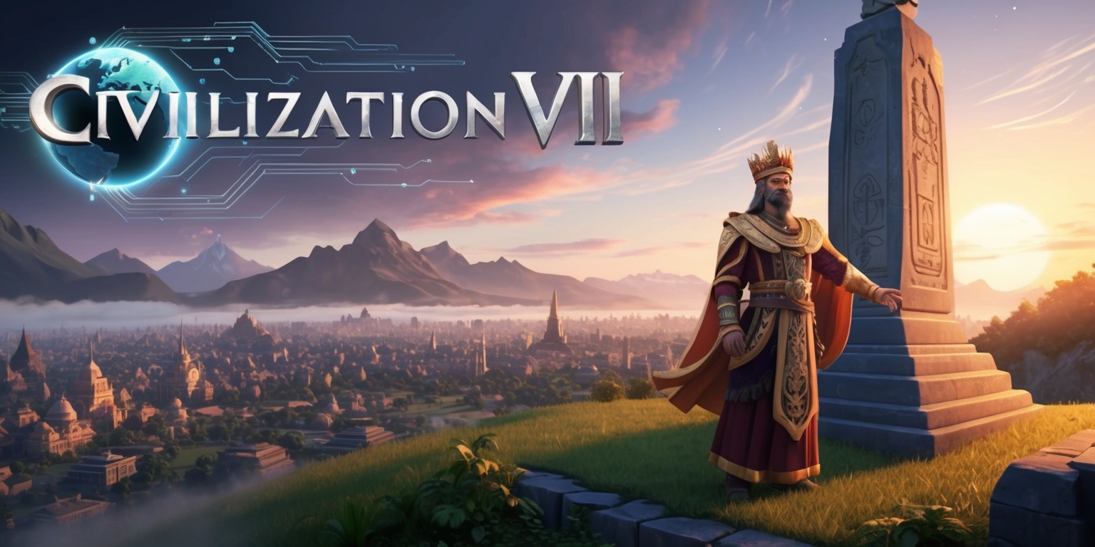 A vibrant illustration of Civilization VII, showcasing a sprawling cityscape at dusk, with warm golden lighting casting long shadows across the landscape, set against a backdrop of majestic mountains and a majestic sun dipping below the horizon, with atmospheric fog rolling in, and delicate wisps of cloud scattered across the sky, featuring a regal leader from ancient civilization standing at the edge of the city, with intricate robes adorned with golden accents and a majestic crown, beside a grandiose stone monument inscribed with mysterious symbols, surrounded by lush greenery, and a subtle hint of futuristic architecture blending seamlessly with ancient structures, with the game's logo emblazoned in bold, metallic silver font, adorned with a stylized globe and subtle circuitry patterns, in the top-left corner of the image.