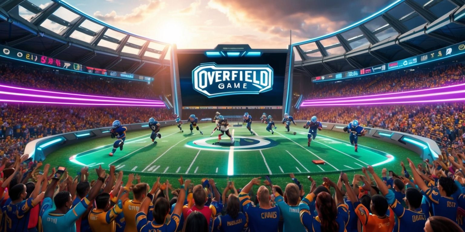 A futuristic sports stadium filled with a large crowd of people from diverse ethnic backgrounds, all cheering and wearing vibrant team jerseys, with a massive OverField game board in the center, illuminated by bright neon lights, surrounded by lush green grass and sleek metallic architecture, the scoreboard displays a tied game, the players on the field are intensely focused, with determined facial expressions, wearing high-tech suits and gear, the sun is setting in the background, casting a warm orange glow, the atmosphere is energetic and filled with anticipation, the OverField game logo is prominently displayed on the board in bold, metallic letters, with a stylized font and sharp edges.