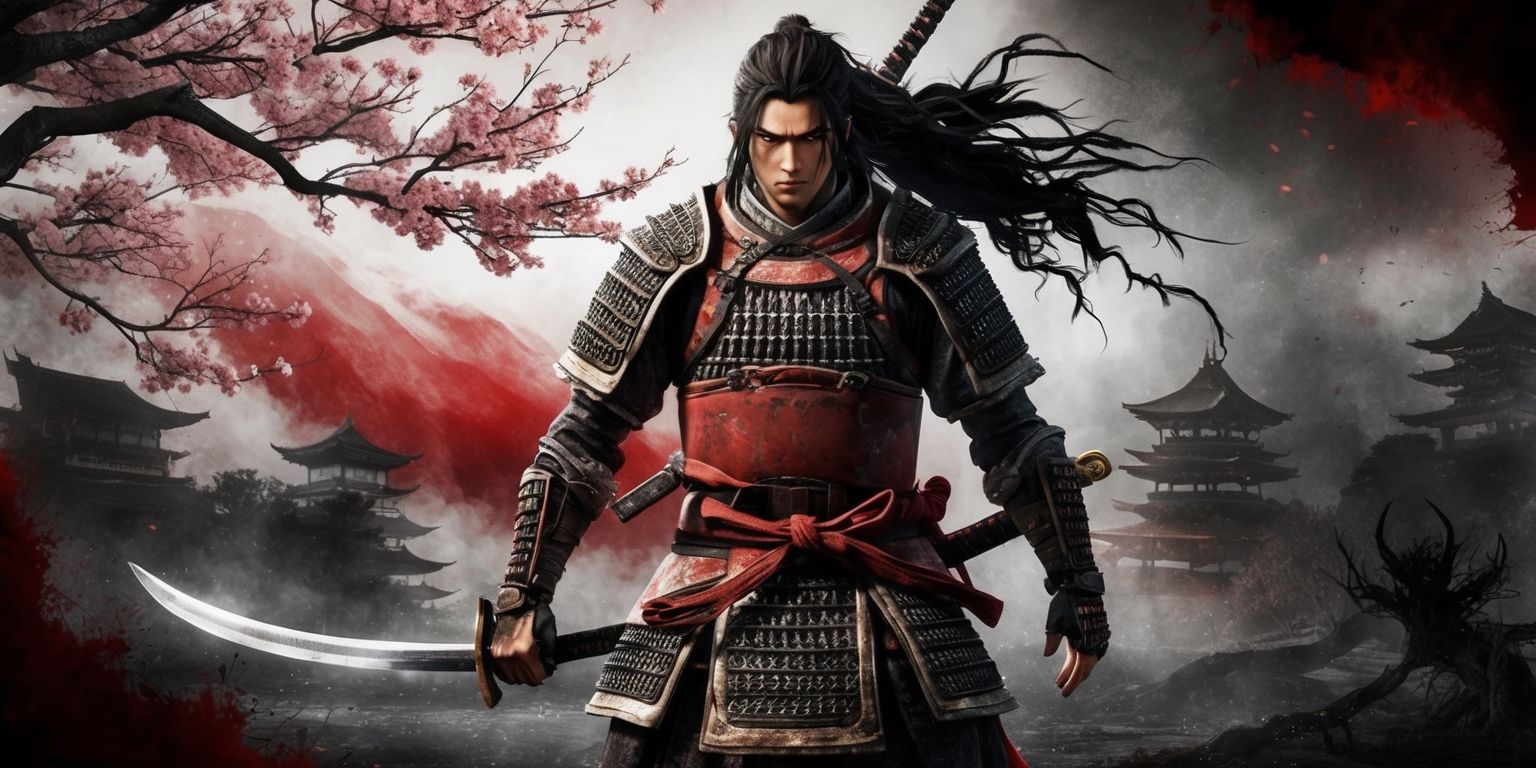 A dark, mystical Japanese landscape from the Nioh 3 game, with a lone samurai warrior standing heroically in the center, wearing traditional armor and wielding a katana, set against a dramatic backdrop of cherry blossom trees and a blood-red sky, with subtle hints of yokai demons lurking in the shadows, the overall atmosphere is one of eerie tension and foreboding, with muted earthy tones and flashes of golden light, the samurai's face is resolute and strong, with a determined gaze, his skin a warm, golden brown, and his hair a wild tangle of black locks, the katana at his side is adorned with intricate, swirling patterns, and the overall style is a blend of gritty realism and supernatural fantasy.