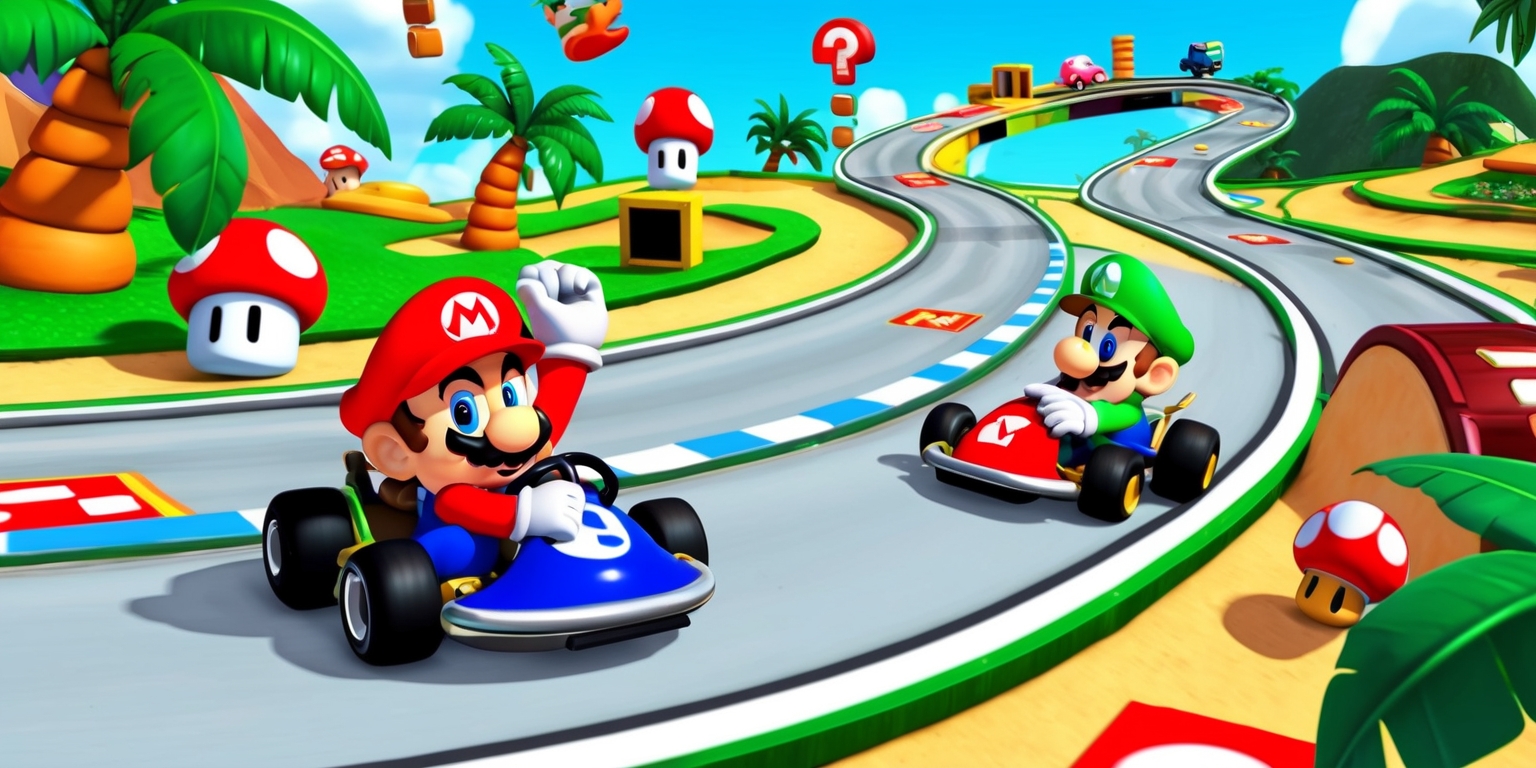 A vibrant, whimsical illustration of Mario Kart World, showcasing Mario and Luigi racing on a winding track surrounded by iconic Mario-themed elements like mushrooms, pipes, question mark blocks, and palm trees. The characters are depicted in a stylized, cartoonish manner with exaggerated facial features and bright, saturated colors, with Mario wearing his signature blue overalls and red 'M' cap, and Luigi donning green overalls and a yellow 'L' cap. The track snakes through a lush, tropical environment with varied terrain, including asphalt, grass, and sand, with subtle shading and textures to convey depth and dimension. The overall art style blends classic Mario charm with modern, stylized flair, evoking a sense of fun, energy, and nostalgia.