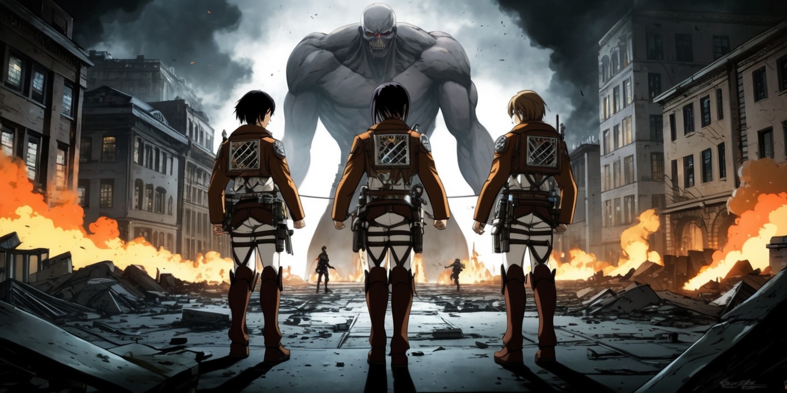 A dramatic illustration of a pivotal moment in the Attack on Titan: Revolution game, depicting Eren Yeager, Mikasa Ackerman, and Armin Arlert standing back-to-back, ready to take on a colossal Titan in a ravaged cityscape. The atmosphere is dark and ominous, with hints of orange and yellow hues from burning buildings and exploding smoke grenades. The Titans, with their grotesque features and imposing physique, loom large in the background. The trio of protagonists wears their 3D maneuver gear, with intricate details on their equipment and uniforms. Eren's face is set in a determined expression, Mikasa's eyes gleam with intense focus, and Armin's eyes are narrowed in concentration. The cityscape is in ruins, with crumbling buildings, shattered pavement, and debris scattered everywhere. The overall style is a blend of dark fantasy and sci-fi elements, with bold lines, vibrant colors, and dynamic composition.