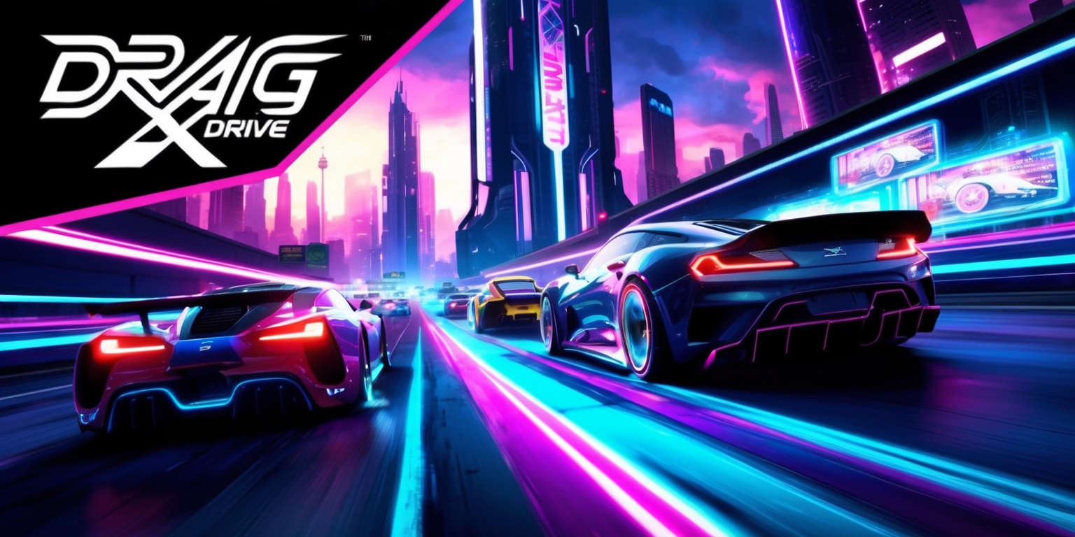 A visually striking image of a Drag x Drive video game scene, with sleek, futuristic cars speeding down a neon-lit highway, set against a vibrant, dystopian cityscape with towering skyscrapers and holographic advertisements, the cars' headlights and taillights illuminating the dark road, with a focus on speed, motion, and high-tech details, the game's logo, a stylized, metallic font with bold, angular lines, prominently displayed in the top left corner, with a color palette dominated by shades of blue, purple, and pink, and a sense of dynamic energy and competition, as if the player is right in the midst of a thrilling racing experience.