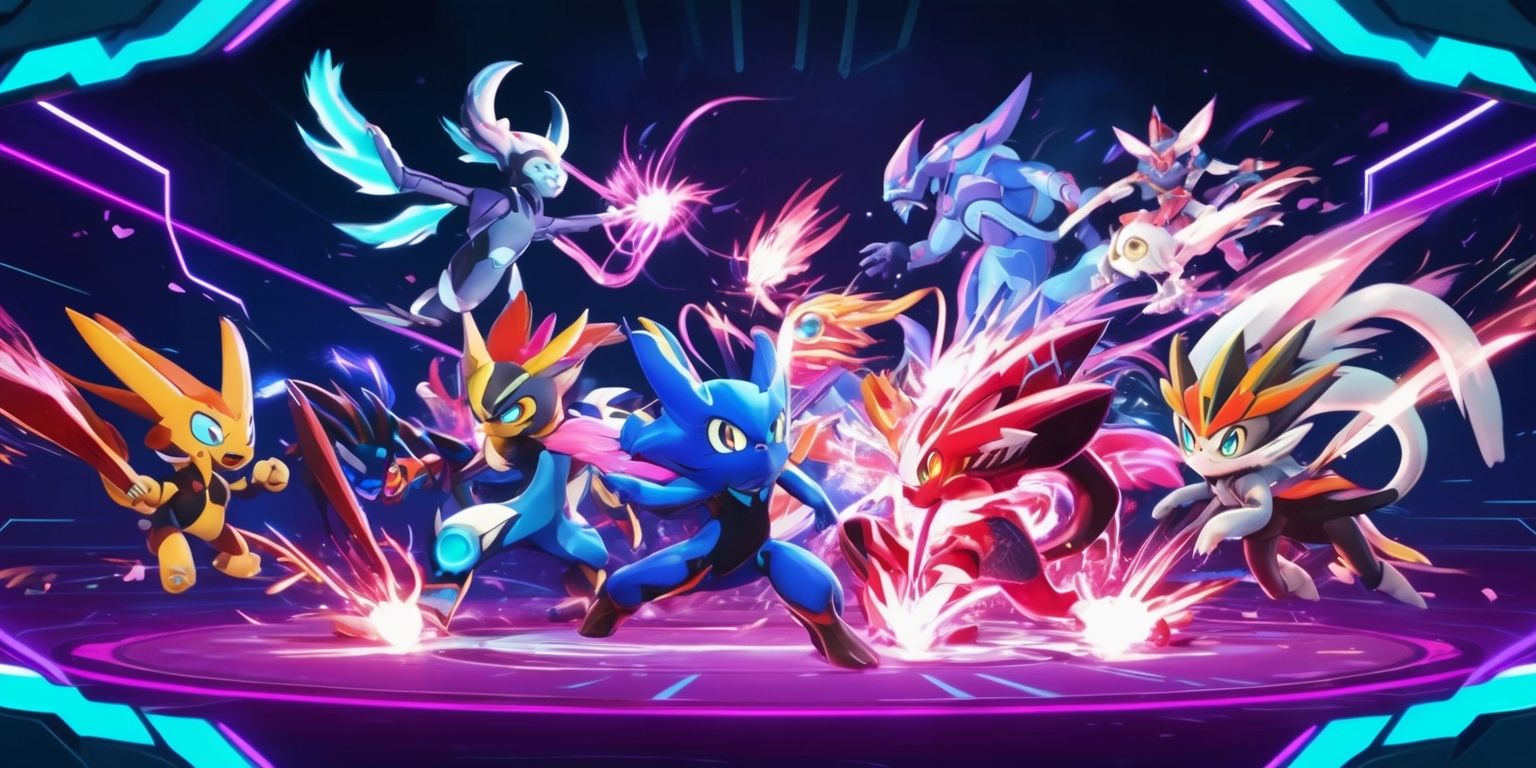 A futuristic digital illustration of the Evomon game, featuring a vibrant and dynamic battle scene with various Evomon characters, each with unique attributes and abilities, set against a dark blue and purple background with neon accents, the Evomon characters are designed in a stylized anime-like manner with bold lines and bright colors, the scene is filled with explosive energy effects and glowing auras, in the foreground a few Evomon are clashing with each other, showcasing their distinctive powers and movements, the overall style is reminiscent of classic video games with a modern twist, the color palette is rich and diverse, with a focus on blues, purples, and pinks, the layout is chaotic yet balanced, with characters and effects overlapping and intersecting in a complex composition.