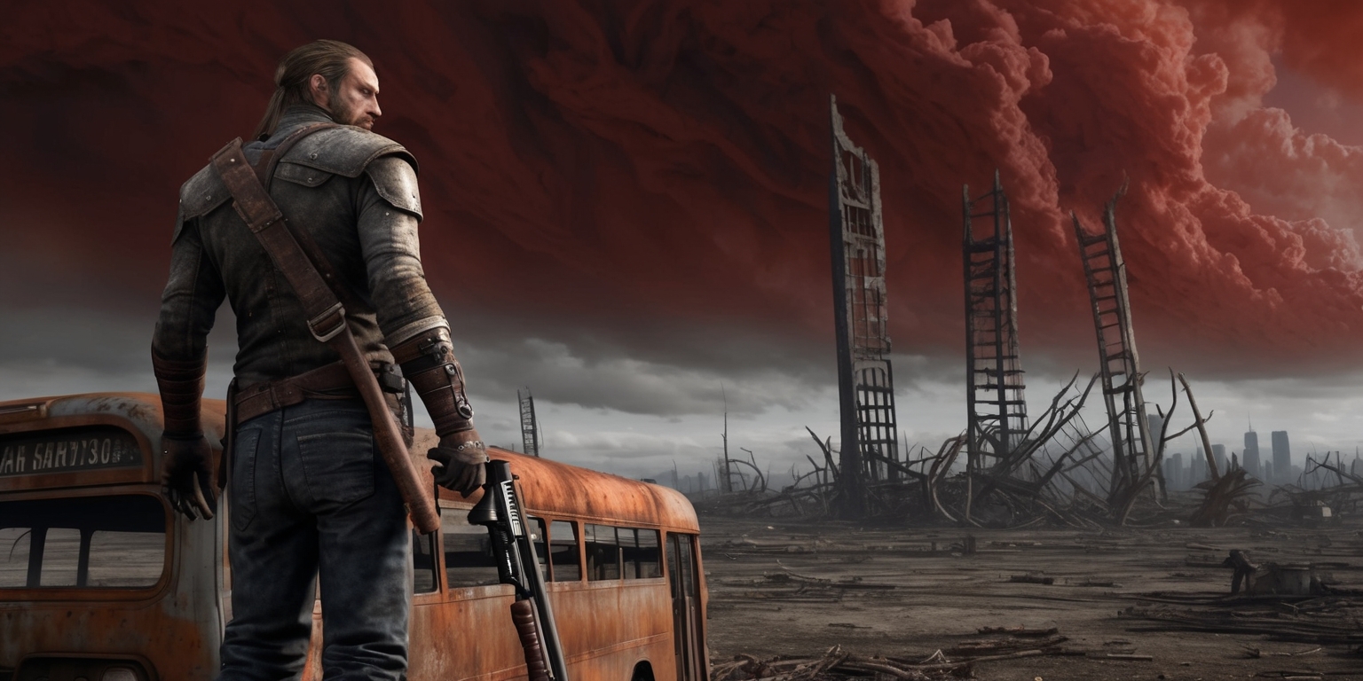 A desolate, ravaged landscape stretches out behind a lone survivor, clad in tattered leather armor and worn denim, standing atop a rusted, overturned bus, gazing out upon a barren wasteland. The sky above is a deep, foreboding crimson, with thick, grey clouds that seem to swirl with an otherworldly energy. In the distance, the skeletal remains of skyscrapers pierce the sky, their windows blown out, and twisted metal beams tangled in a mess of destruction. The survivor's face is weathered, with deep lines etched into their skin, a scar above their left eyebrow, and a determined glint in their eye. They clutch a makeshift rifle, cobbled together from scavenged parts, with a worn leather strap slung over their shoulder. The atmosphere is heavy with an air of desperation and survival, the colors muted, with shades of rust, ash, and smoke dominating the palette.