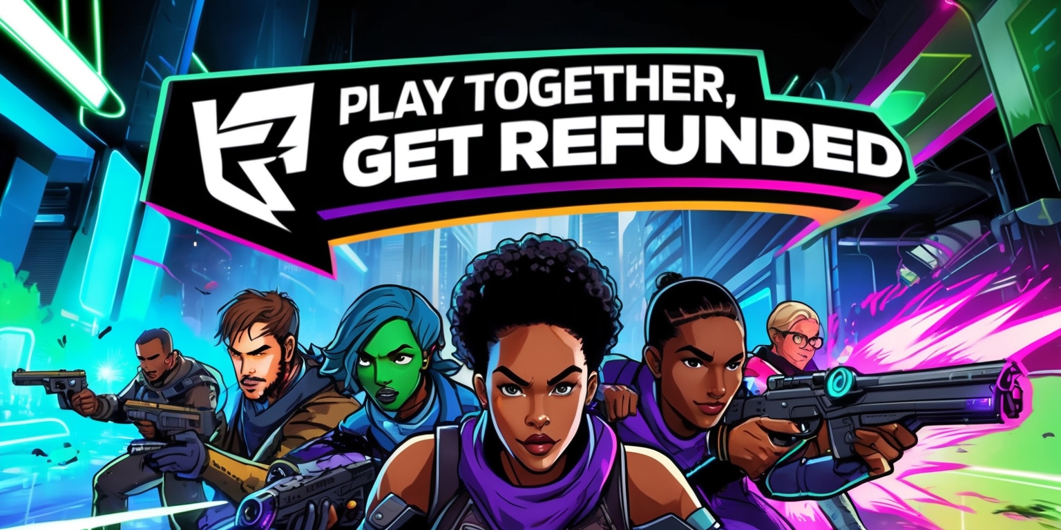 A dynamic, action-packed illustration of a Refund-Driven Co-op Shooter game, featuring a group of diverse characters with unique facial features and skin colors, working together to achieve a common goal, set against a vibrant, neon-lit urban backdrop with sleek skyscrapers and futuristic technology, incorporating a bold color scheme with hues of blue, green, and purple, and a mix of digital and hand-drawn elements, with the game's logo prominently displayed in a modern, sans-serif font style, and the tagline Play Together, Get Refunded emblazoned in a curved line above the characters, in a stylized, graffiti-inspired shape with bright, eye-catching colors.
