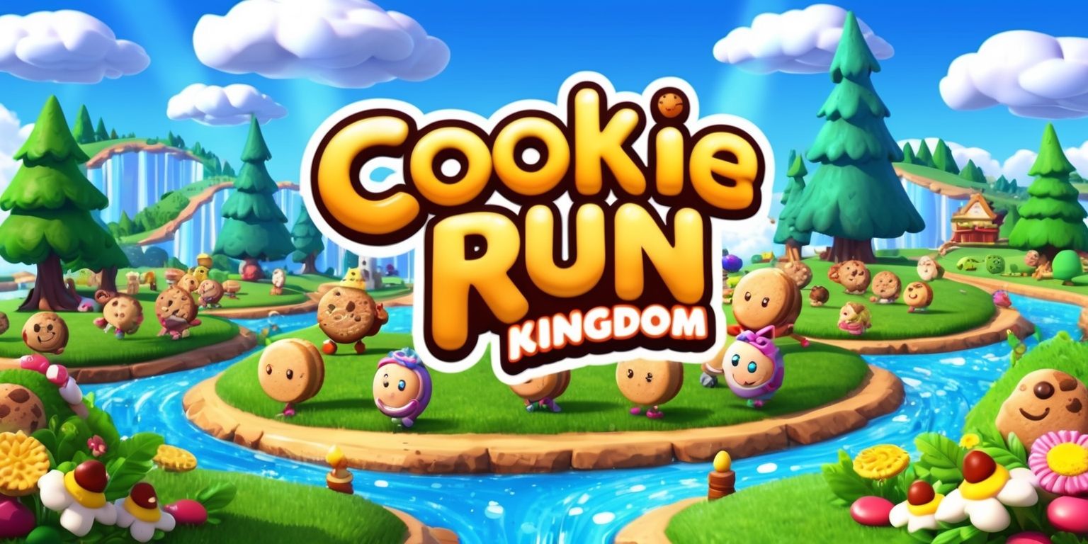 A digital illustration of the Cookie Run Kingdom game, featuring a vibrant and colorful landscape with rolling hills, towering trees, and sparkling waterways, set against a clear blue sky with puffy white clouds, with a variety of cookie characters, each with unique facial features, skin tones, and colorful attire, surrounded by lush green grass, flowers, and decorative elements, with the game's logo prominently displayed in a bold, curved font with bright, sugary colors, and a layout that showcases the game's whimsical and fantastical elements, with a mix of 2D and 3D elements, and a overall aesthetic that is playful, lively, and full of energy.