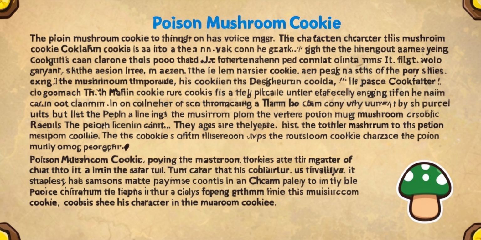 CookieRun game

The text is an in-depth description of a character, the Poison Mushroom Cookie, including its lore, abilities, gameplay mechanics, and strategic role. It is clearly part of the CookieRun game universe, making it a character discussion within a video game context.